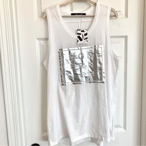 Modernism White Silver Metallic Foil Oversized Graphic Tee Tank Top Dress